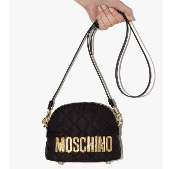 Moschino Black Gold Logo Patch Quilted Nylon Small Mini Crossbody Shoulder Bag - Picture 1 of 15